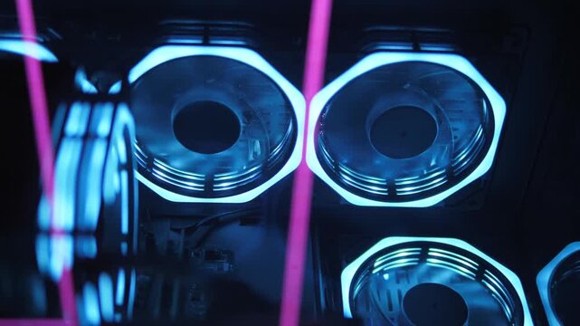 Gaming PC glowing in the dark - the system unit of a modern gaming computer, working of computer cooling fans, blue lights, fans spinning inside the computer. A modern gaming club.
