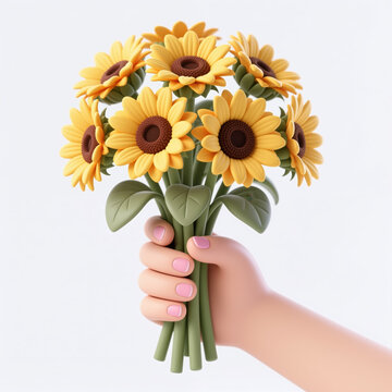 A vibrant hand holding a bouquet of bright yellow sunflowers with green stems and leaves on a white background, symbolizing warmth and happiness.