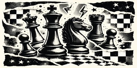 Black chess pieces arranged on a chessboard ready for a strategic game © mahabubmorshed