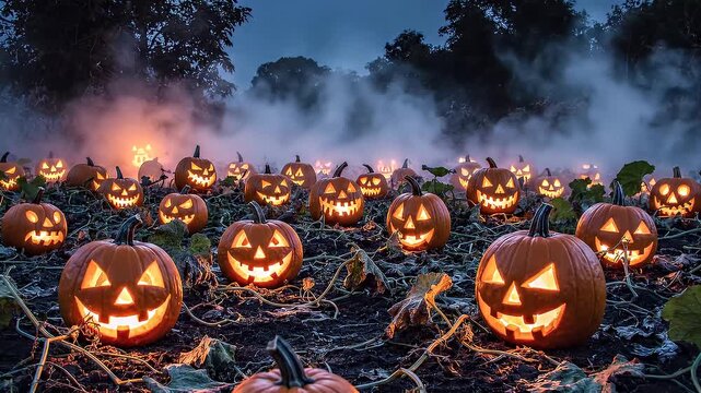 A vast field of glowing jack-o'-lanterns illuminating a misty autumn night, creating a spooky and festive Halloween atmosphere in a dark pumpkin patch