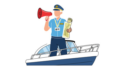 Boat Captain's Command: A captain stands confidently on his boat, holding a megaphone and a map, ready to navigate the open waters and guide his vessel. © mstmahmuda