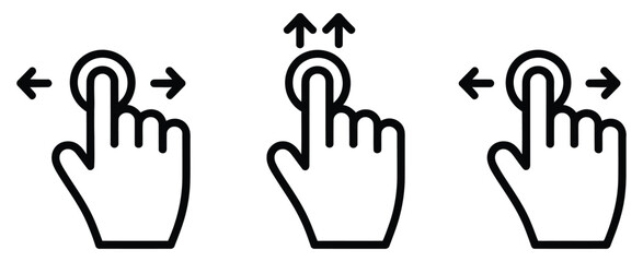 Fototapeta premium Swipe, to left, right, and up icon set featuring finger touchscreen gesture symbols, mobile interaction and navigation concept, modern flat vector illustration