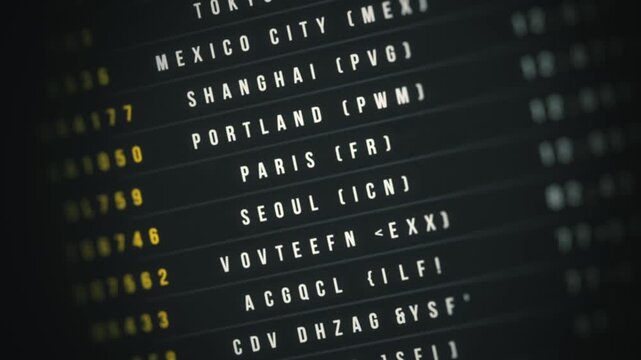 Airport Travel Departure Board Scroll Background Animation
Travel background made up of an airport departure board with scrolling informations on flight destination, time and decoding text