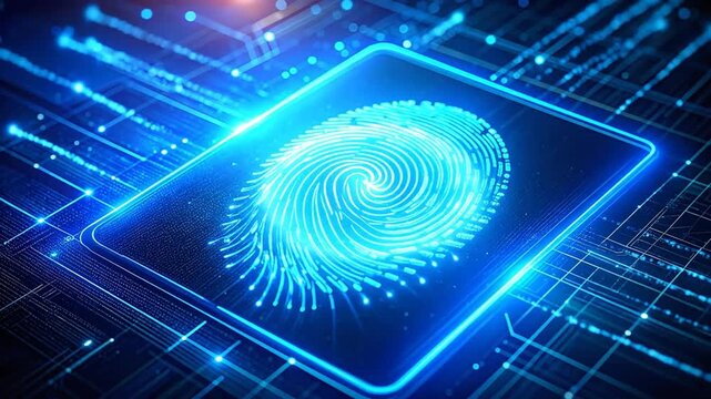 Digital fingerprint identification and cybersecurity technology with blue neon light