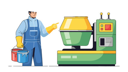 Construction Worker & Mixer: An industrious worker stands beside a vibrant concrete mixer, poised with paint buckets, ready for a construction project, highlighting the industry and its tools. © AJM