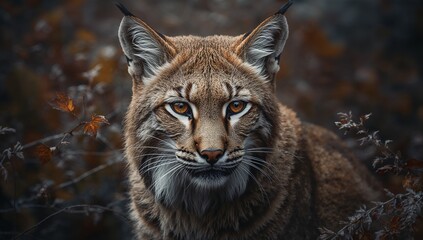 Obraz premium Staring Eurasian lynx holding amber eyes forward in temperate forest understory, with dried leaves
