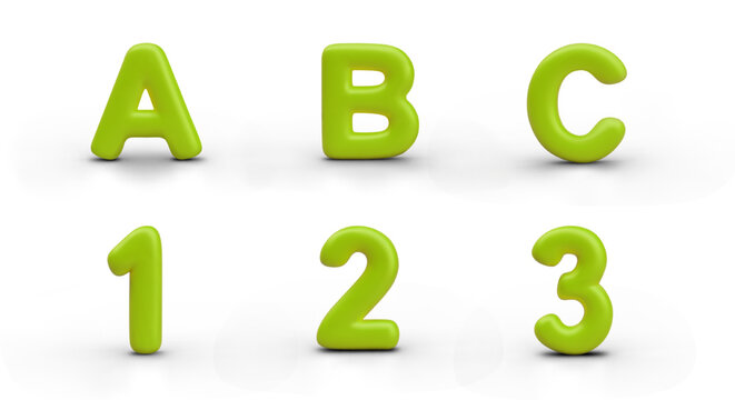 Set of first numbers and letters of English alphabet. Green isolated elements on white background. Templates for text and mathematical concepts, advertising educational compositions