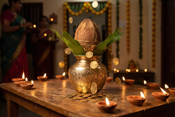 indian Akshaya Tritiya kalash filled with gold coins symbolizing prosperity