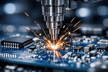 Microchip laser machining closeup with sparks on electronic circuit board.. Ai generative