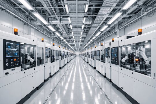 Advanced semiconductor fabrication line in modern facility. Ai generative