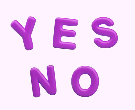 Purple letters YES and NO in 3D style. Set of affirmative and negative answers. Vector templates for selecting options. Elements for survey, communication, testing concepts