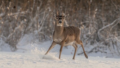 Standing juvenile buck with antlers lifting front hoof in snow field, kicking snow and hoofprints