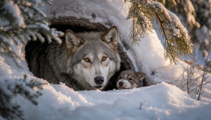 Obraz premium Resting adult grey wolf with pup watching from log den entrance on snow, evergreen branches