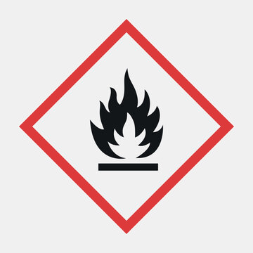 Ghs flammable hazard symbol. Flammable liquid warning sign icon. Fire hazard pictogram red diamond frame