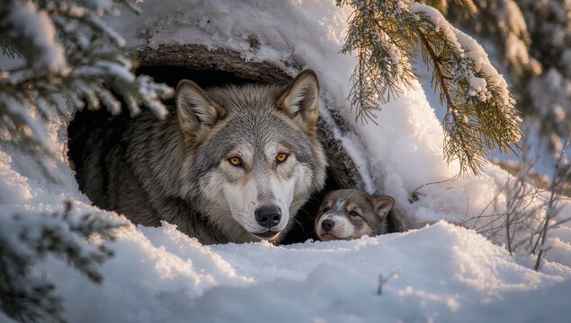 Resting adult grey wolf with pup watching from log den entrance on snow, evergreen branches