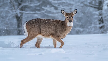 Obraz premium Standing white-tailed deer moving through winter clearing with snow-covered trees and hoof prints