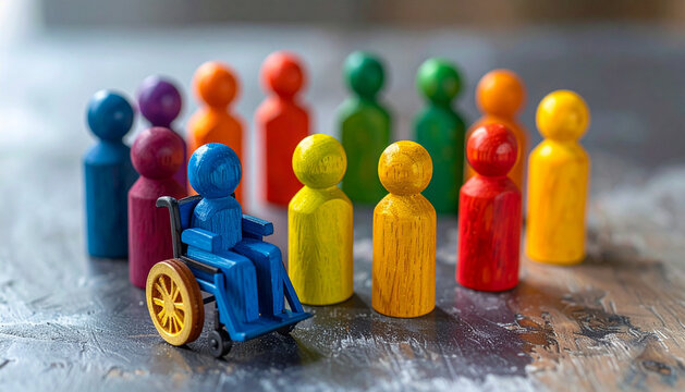 Colorful wooden figures representing diversity, inclusion and social equality with a miniature wheelchair; concept of accessibility, disability rights, teamwork and community support.