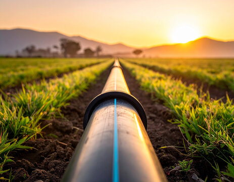 Modern agricultural irrigation system with a black polyethylene pipe in a green field at sunset; concept of smart farming, water management, precision agriculture and sustainability.