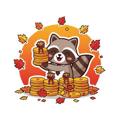 A cartoon raccoon holding a stack of gold coins in front of an orange circle with autumn leaves. Perfect for finance, savings, and educational materials. © Nebula