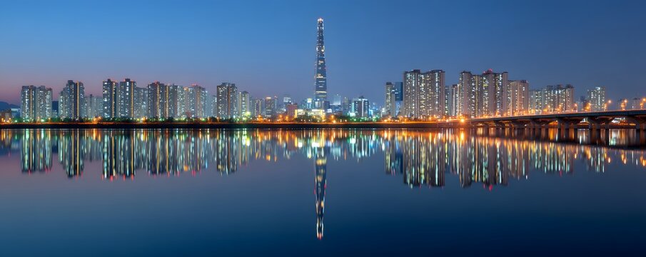 Seoul skyline Han river reflection sharp urban clarity