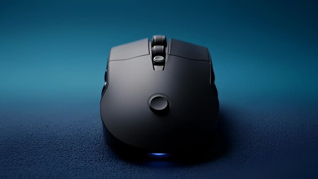 Close-Up of a Black Gaming Mouse With Blue Led Lights on a Textured Surface
