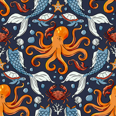 Cotton fabric Dark navy watercolor seamless pattern featuring orange octopuses mermaid tails sea turtles and crabs for nautical textile and marine backgrounds