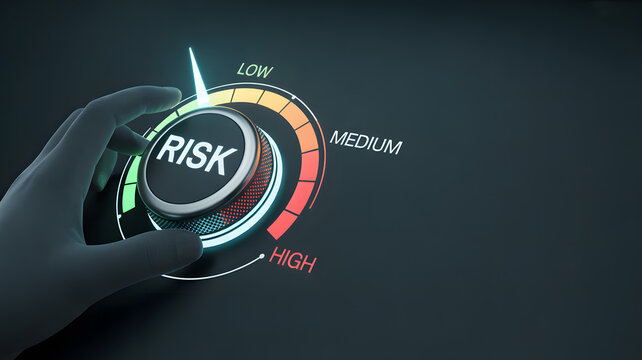 Human hand turning a glowing digital risk control knob to the low setting on an illuminated dark interface a conceptual visualization of management and safety