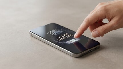 Finger pressing delete button on smartphone screen to clear browsing history