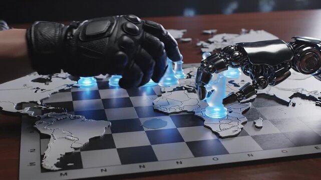 Geopolitics ai arms race global cyber defense chessboard strategy concept with human glove and robotic hand over world map glowing pawn pieces