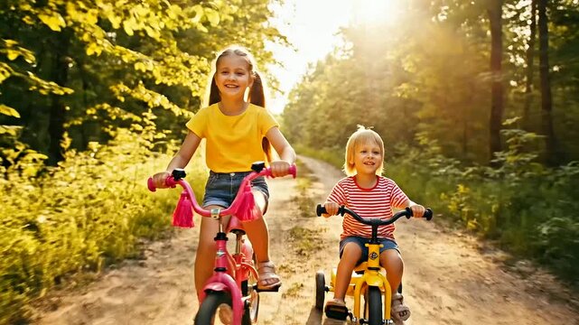 Kids Summer Adventures on a sun-drenched forest path, two joyful children pedaling their bikes with dynamic handlebar tassel blur, embodying carefree outdoor fun.