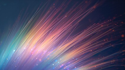 Obraz premium Radiating fiber-optic light strands fanning across navy-indigo canvas, with glowing particles