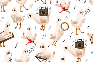 Cute musical geese seamless pattern with instruments. Hand drawn birds playing keyboard accordion tambourine and radio. Perfect for fabric wallpaper wrapping paper nursery decor textile kids products. © Ilona