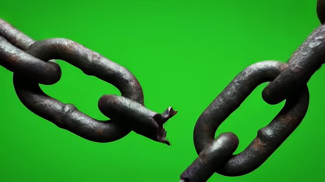 Broken Metal Chain Links on Green Screen Background.