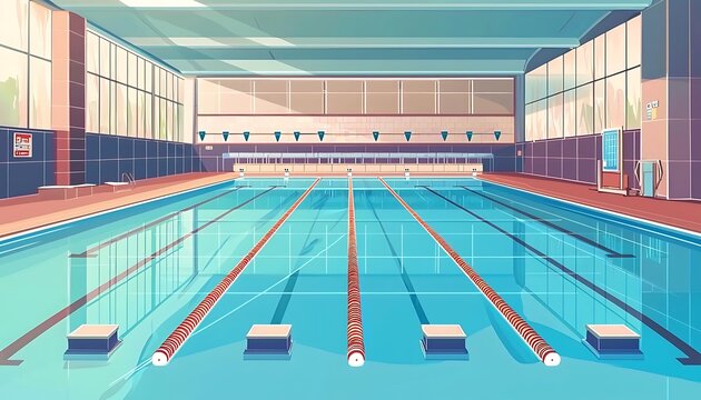 Indoor swimming pool with starting blocks and blue lanes