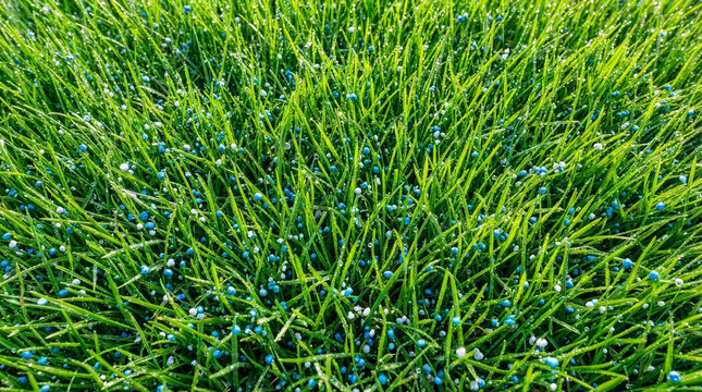 Blue Fertilizer Granules on Green Grass Macro Texture