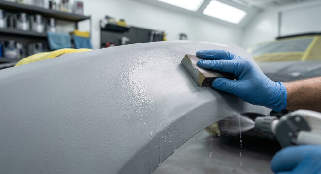 A diligent automotive technician wearing a blue protective glove wet sands a grey primer-coated car bumper with a sanding block and water to prepare the surface for painting.
