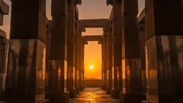 Ancient Temple Columns Frame a Golden Sunset Over the Horizon.
