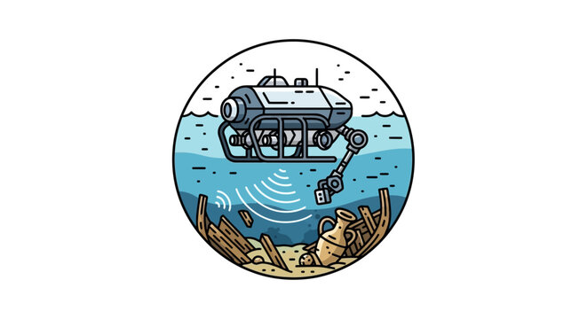 An illustration of a submarine exploring ocean floor with seaweed.