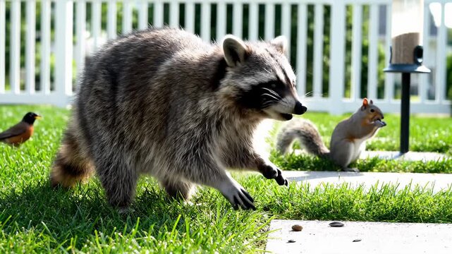 Raccoon Foraging in Backyard Grass Near Bird Feeder and Squirrel