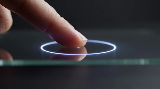 ?Finger touch creating digital ripple effect on glass surface