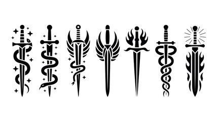 Mystic medieval sword and magic blade icons with fairy tale elements in tattoo style vector collection © Well Done