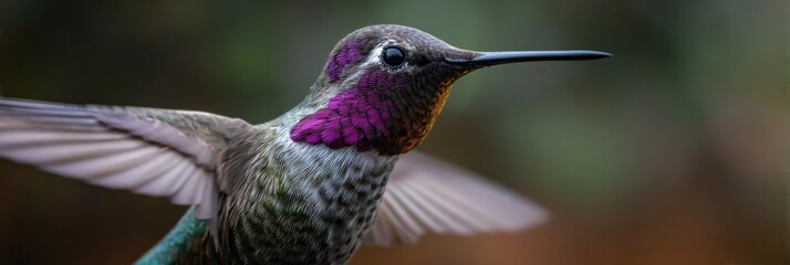 Fototapeta premium Rufous hummingbird male closeup portrait vibrant gorget iridescent wings hovering profile