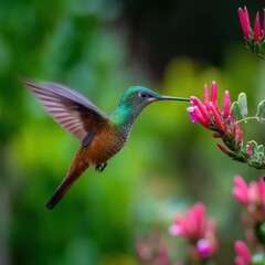 Fototapeta premium Green headed hummingbird feeding from pink tubular flower with emerald iridescence and rufous belly vivid garden scene macro action