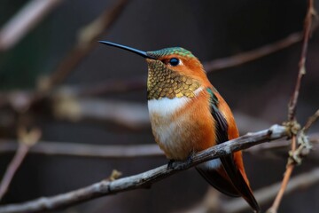 Fototapeta premium Rufous hummingbird male perched portrait vibrant orange chestnut gorget glossy eye beak