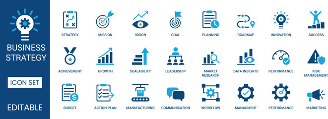 Business strategy Icon set with planning growth and success symbols