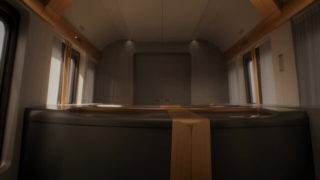 Luxurious Train Interior With Modern Design and Golden Accents, Wide Angle View
