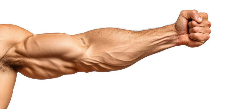 close-up of a male bicep flexing the muscle, isolated on a transparent background 