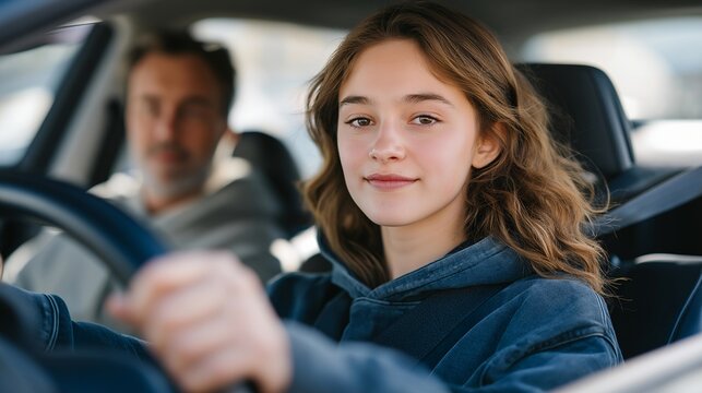 Teenage girl gripping steering wheel white-knuckled in parking lot while father gestures calmly from passenger seat during first parallel parking attempt, perfect for driving school, parent