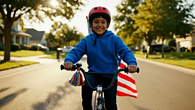 Smiling boy on bicycle, creating kids summer adventures with an American flag and colorful handlebar tassels blurring down a sunny suburban street bathed in golden light.