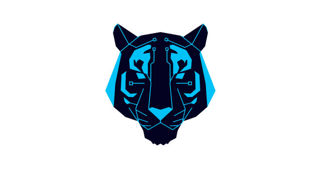 Geometric tiger head illustration in blue.
